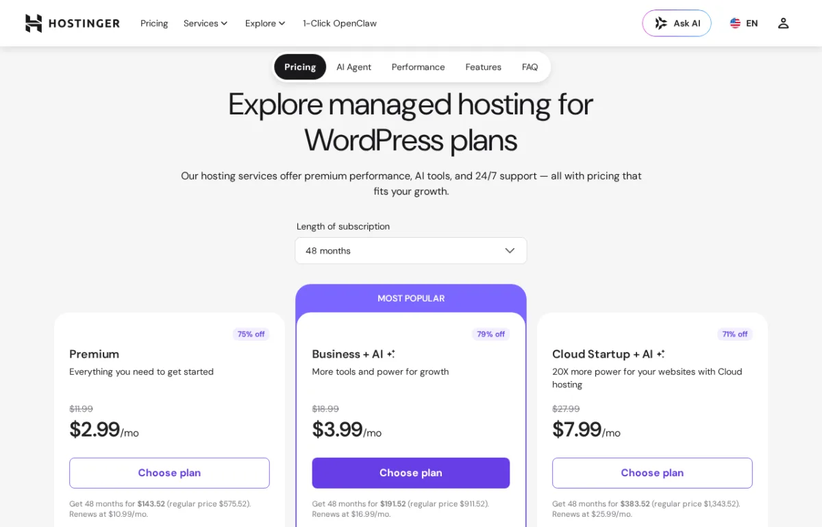 Precios de hosting WordPress de Hostinger