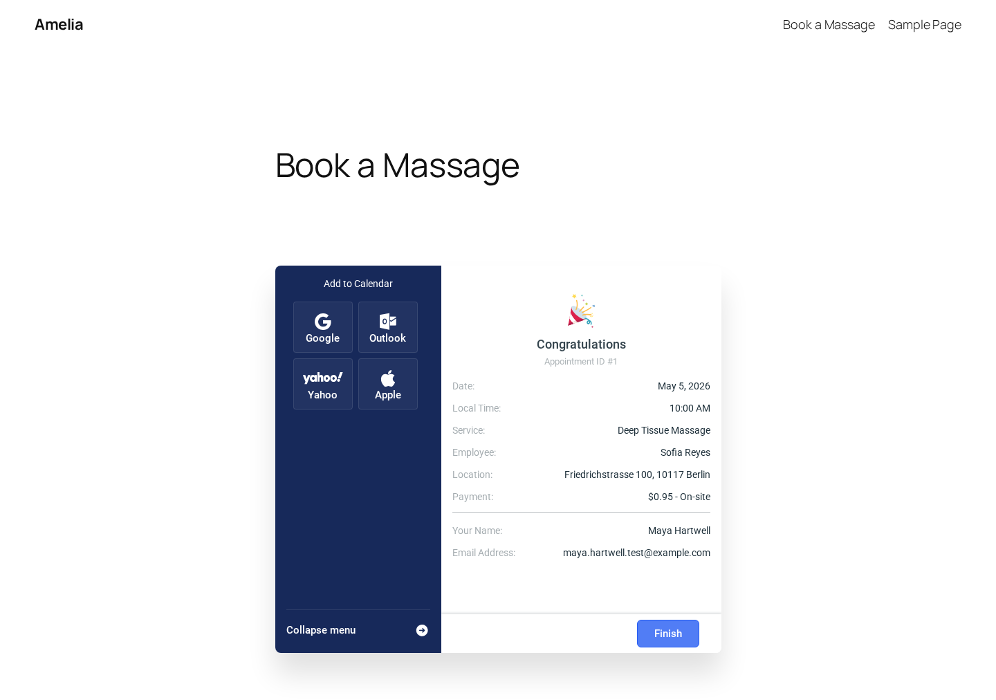 Amelia front-end confirmation — Appointment ID, Add to Calendar buttons