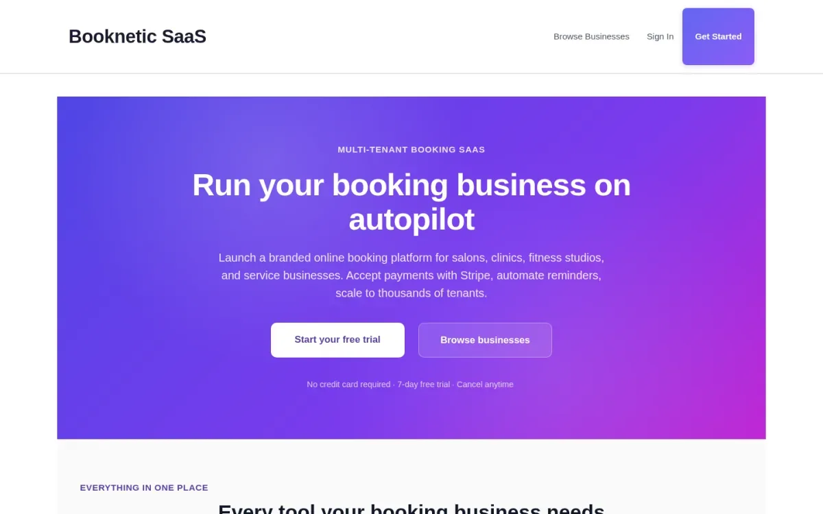 Booknetic SaaS marketing homepage hero with side-by-side CTAs and six feature cards