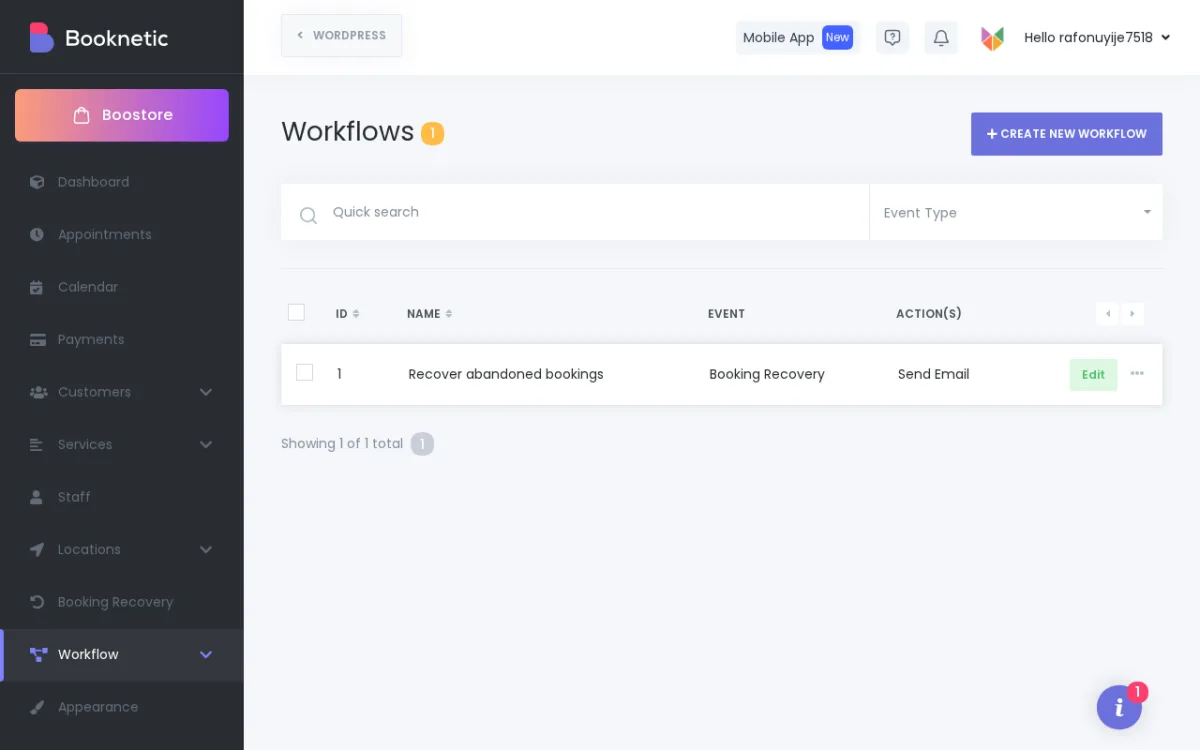 Booking Recovery email action in the Booknetic workflow list