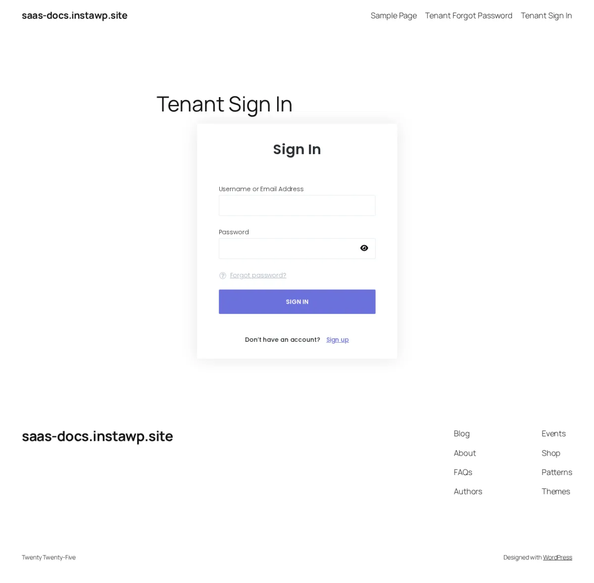 Tenant signin page rendered from the booknetic-saas-signin shortcode, showing Username or Email Address, Password, Forgot password, and SIGN IN