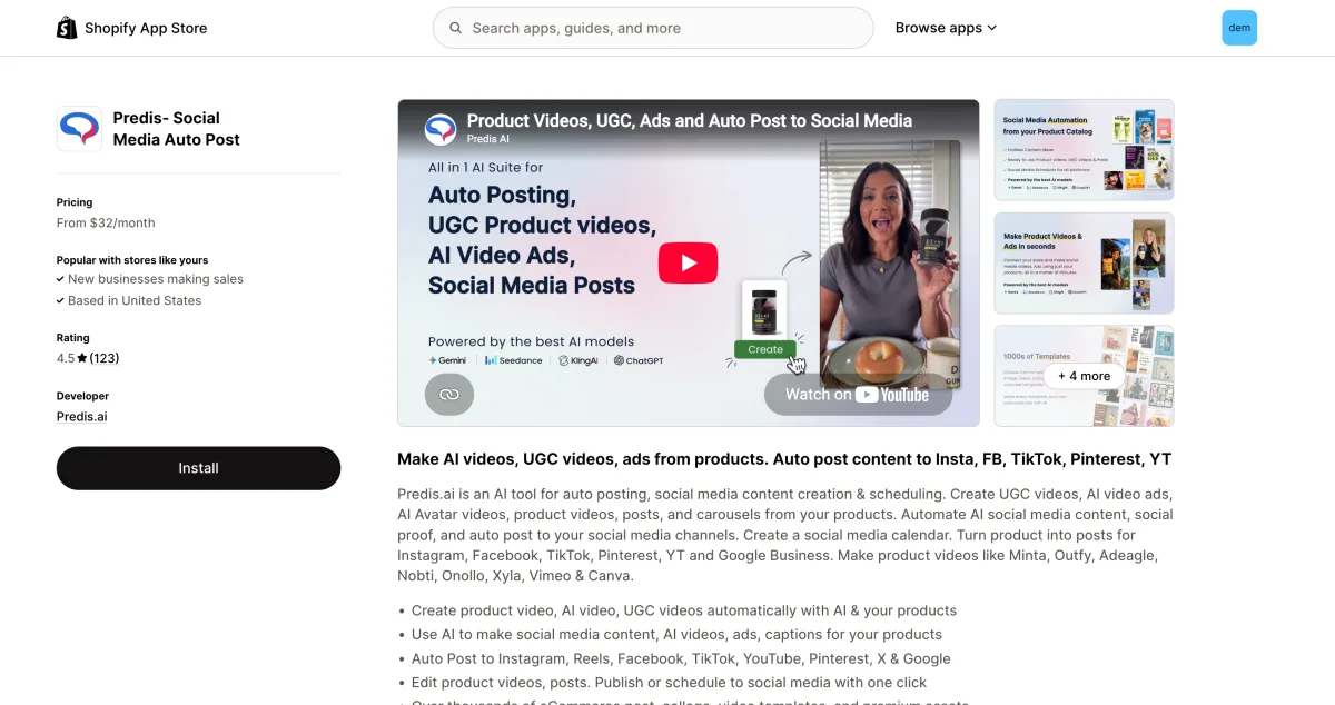 Predis.ai Shopify App Store listing showing the app description and 123 reviews at 4.5 stars