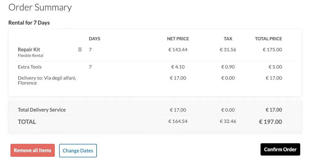 VikRentItems front-end rental cart summary showing item selection, duration, and pricing breakdown
