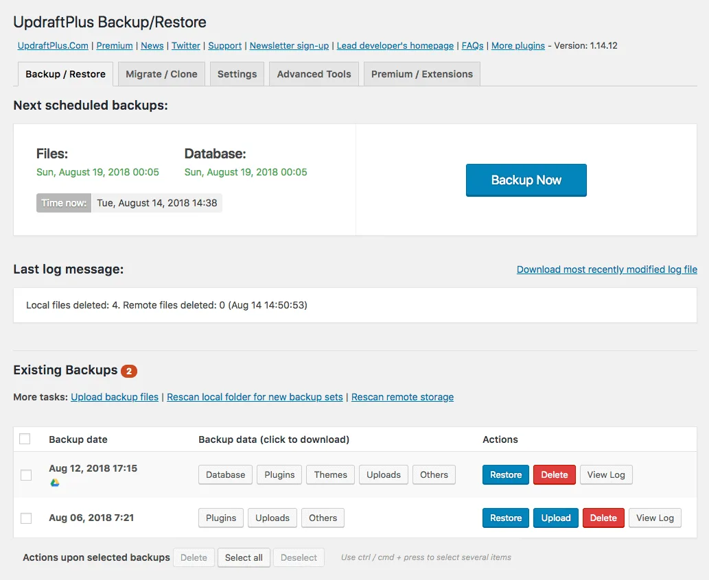 UpdraftPlus backup admin dashboard showing scheduled backup status and cloud storage configuration