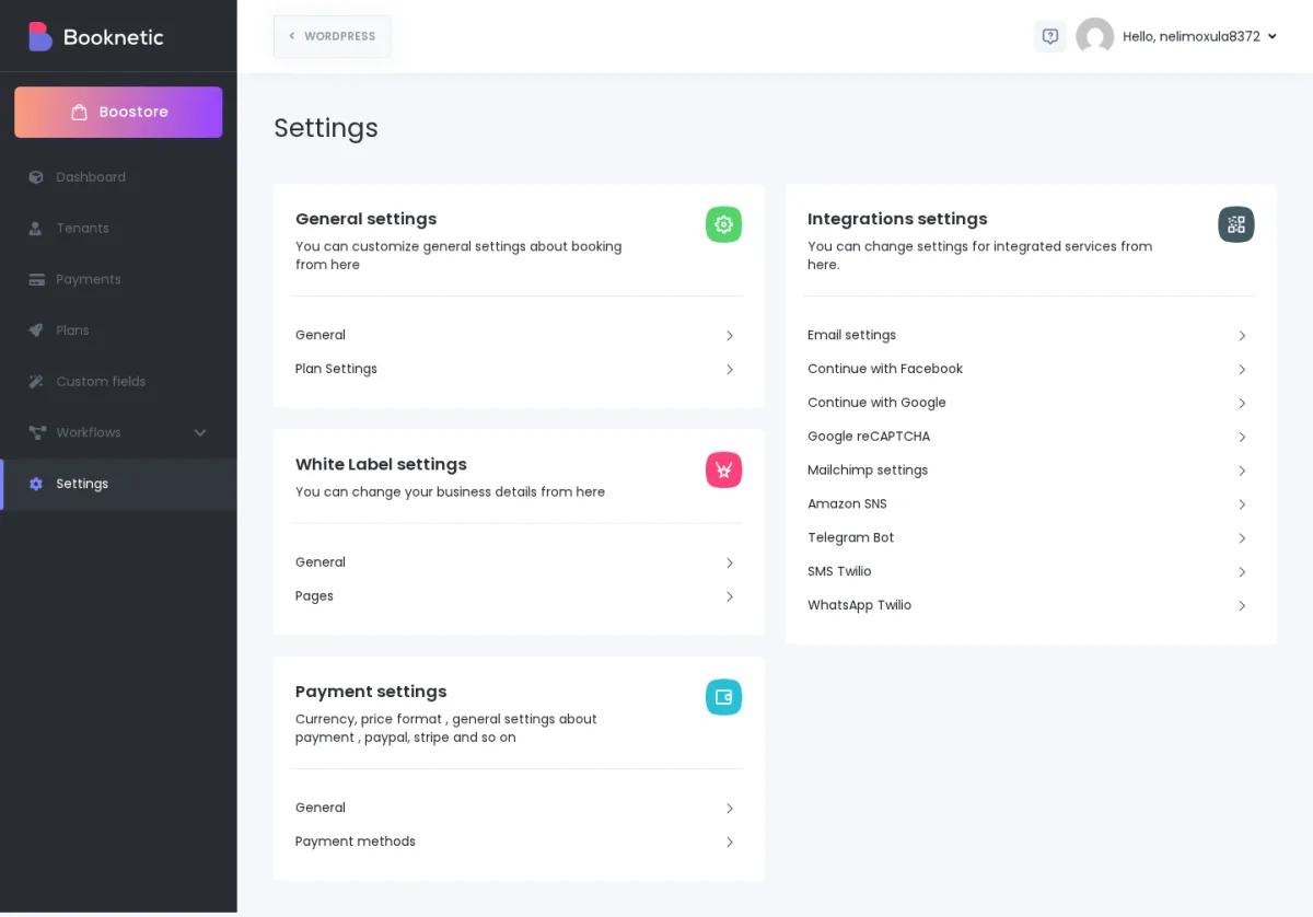 Booknetic SaaS Settings — Integrations index showing the channel rows