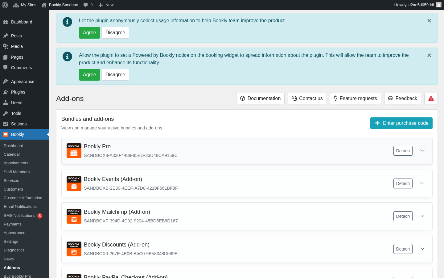 Bookly Pro Add-ons page — license keys for 40+ Bookly add-ons