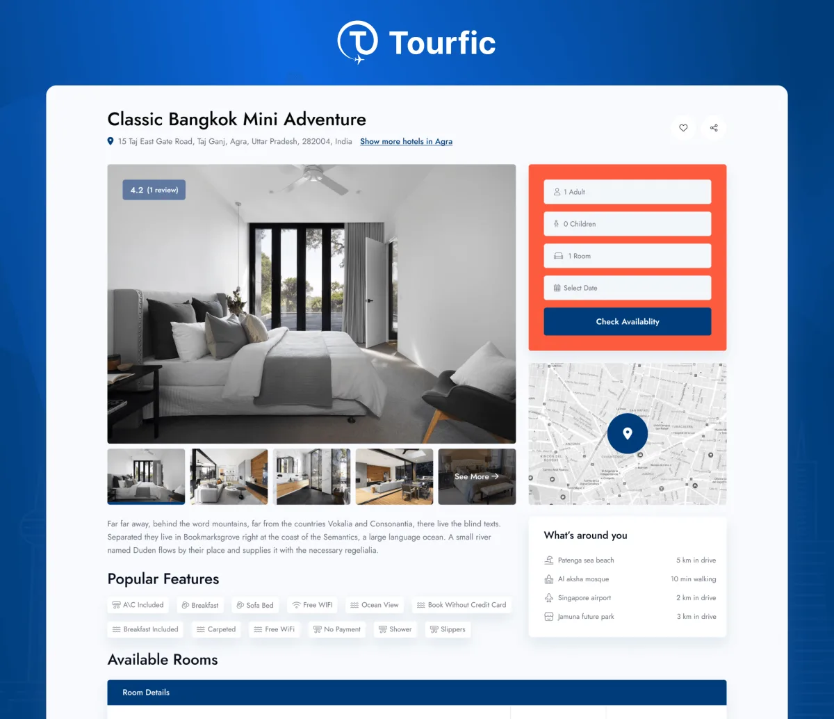 Tourfic hotel booking plugin frontend showing hotel listings and search