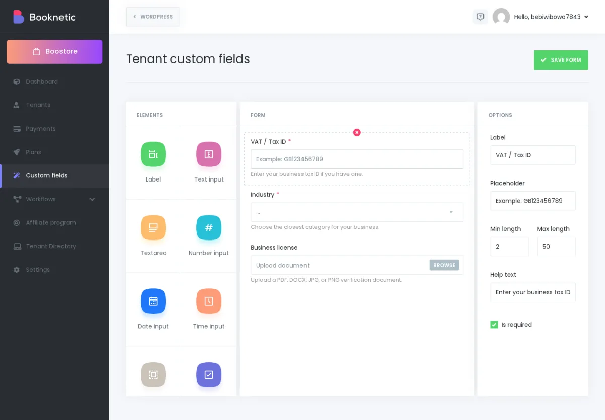 Screenshot: Add or configure a Text field with label, help text, placeholder, and Required toggle