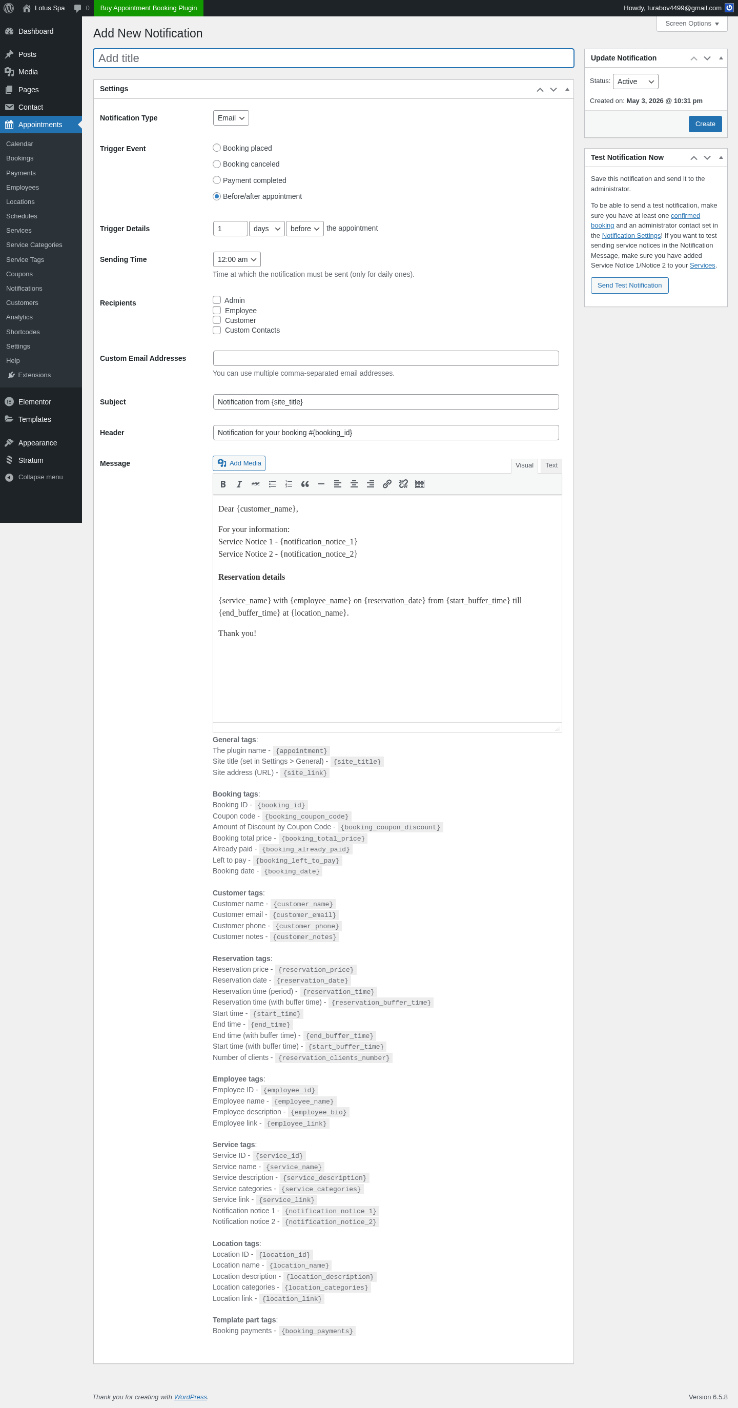 MotoPress admin Notifications — trigger event radio group with subject, body, recipient settings