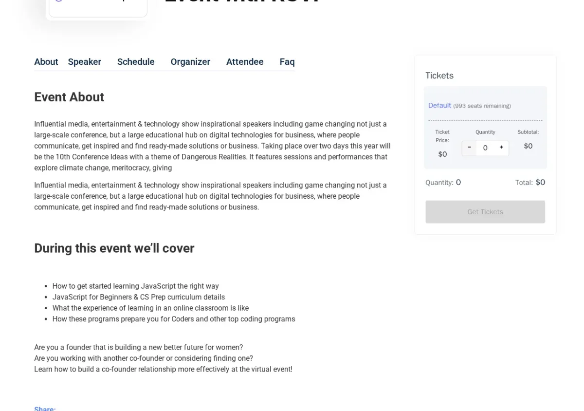 Eventin WordPress event booking plugin front-end event page with ticket type selection