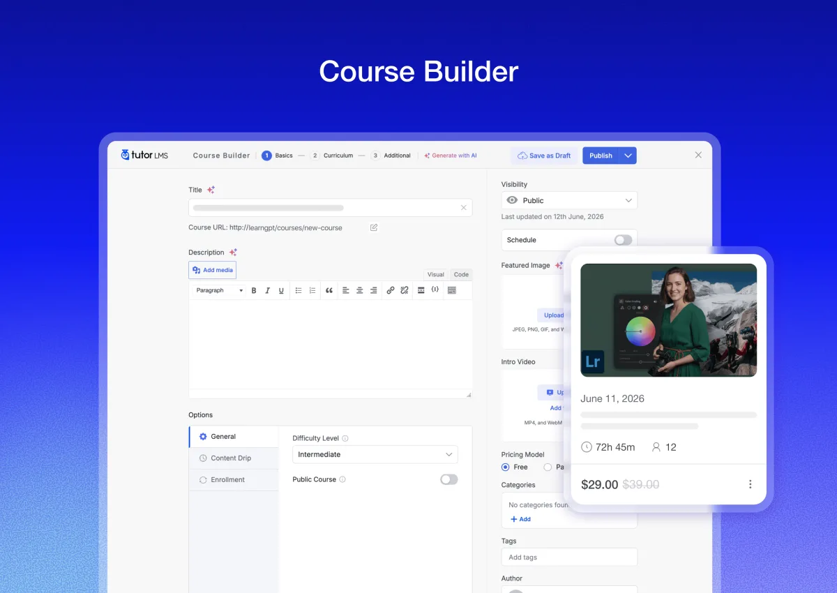 Tutor LMS course builder with drag-and-drop lesson management and quiz settings