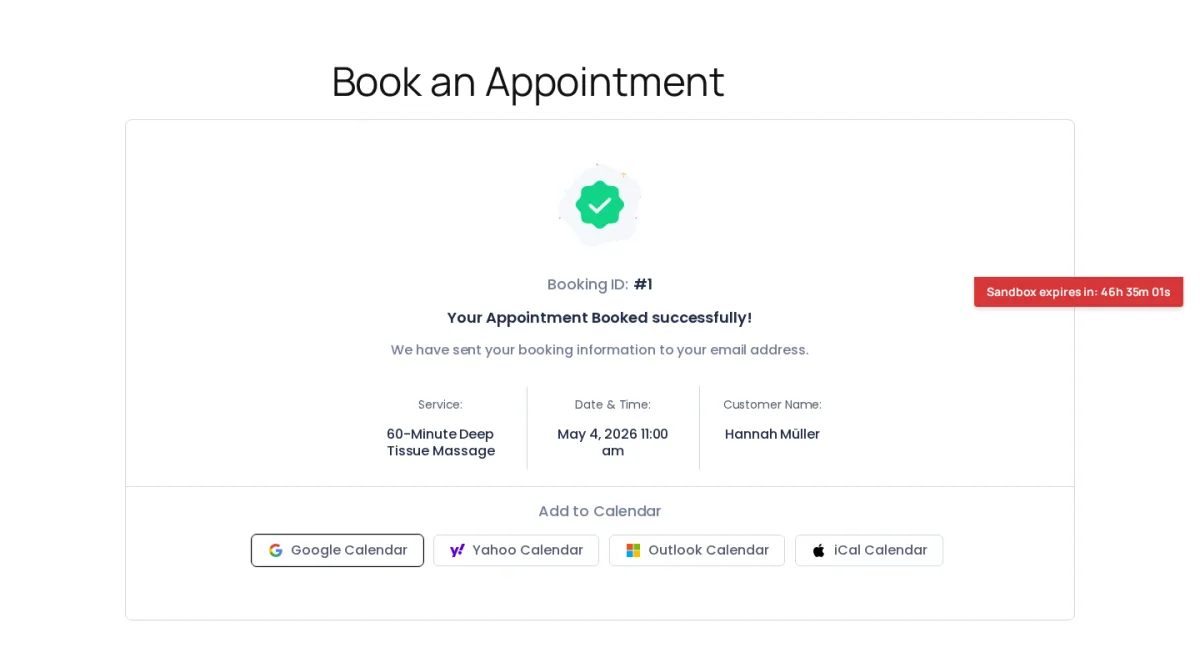 BookingPress confirmation page with Booking ID, service summary, and Add to Calendar shortcuts for Google, Yahoo, Outlook, and iCal