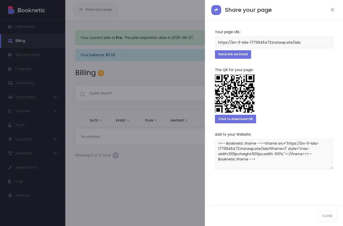 Share Page modal showing the tenant booking URL, QR code, and iframe embed code