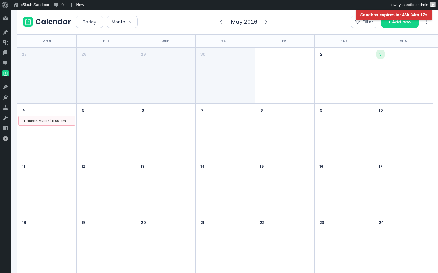 BookingPress admin Calendar — Month view with the test appointment on May 4