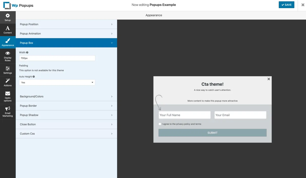 WP Popups front-end popup showing a clean, minimal design with an email capture field