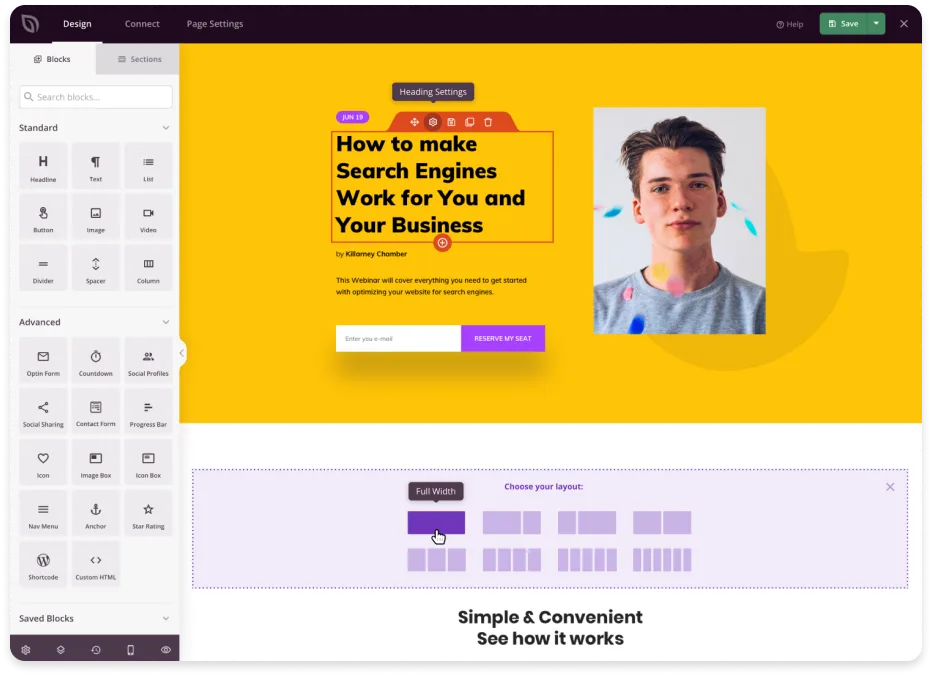 SeedProd landing page builder canvas with blocks panel