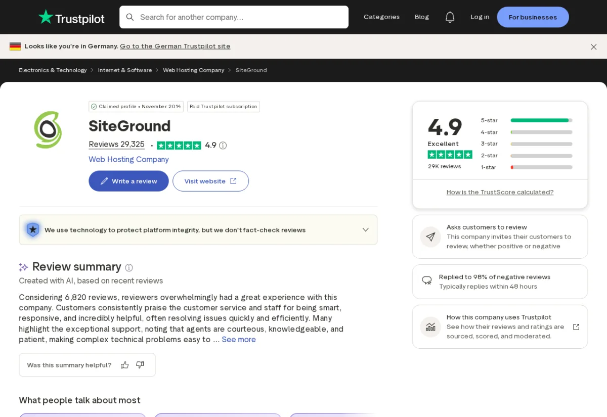 Resumen de reseñas de SiteGround en Trustpilot