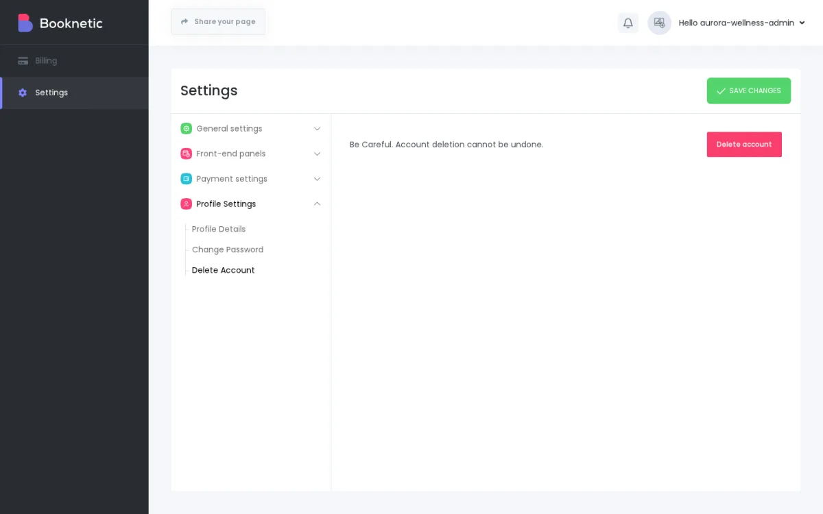 Tenant admin Profile Settings → Delete Account screen showing the Be Careful warning and the Delete account button