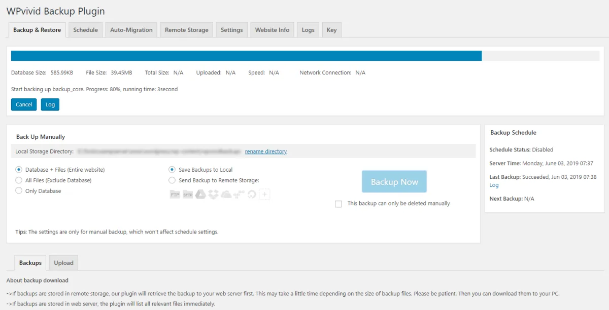 WPvivid backup admin panel showing backup list, scheduling settings, and cloud storage configuration