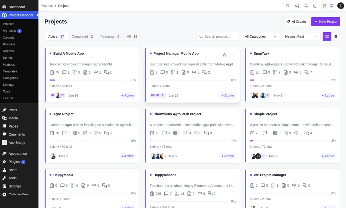 WP Project Manager Pro project dashboard showing multiple projects with progress bars and AI Create button