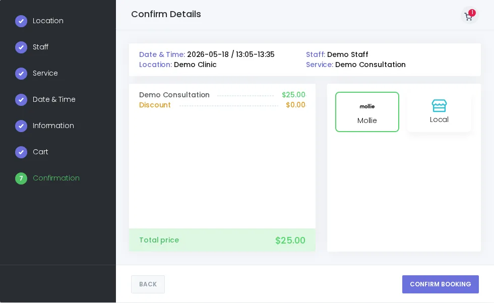 Booknetic booking confirmation step showing appointment details, total price, and Mollie selected as a checkout payment method.