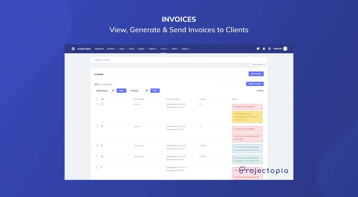 Projectopia invoice management screen showing list of invoices with status, amounts, and client names