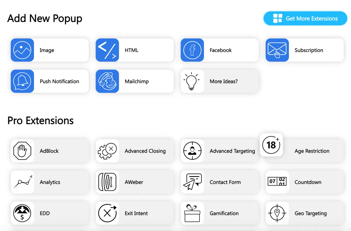 Popup Builder admin dashboard showing the list of created popups with their types and status