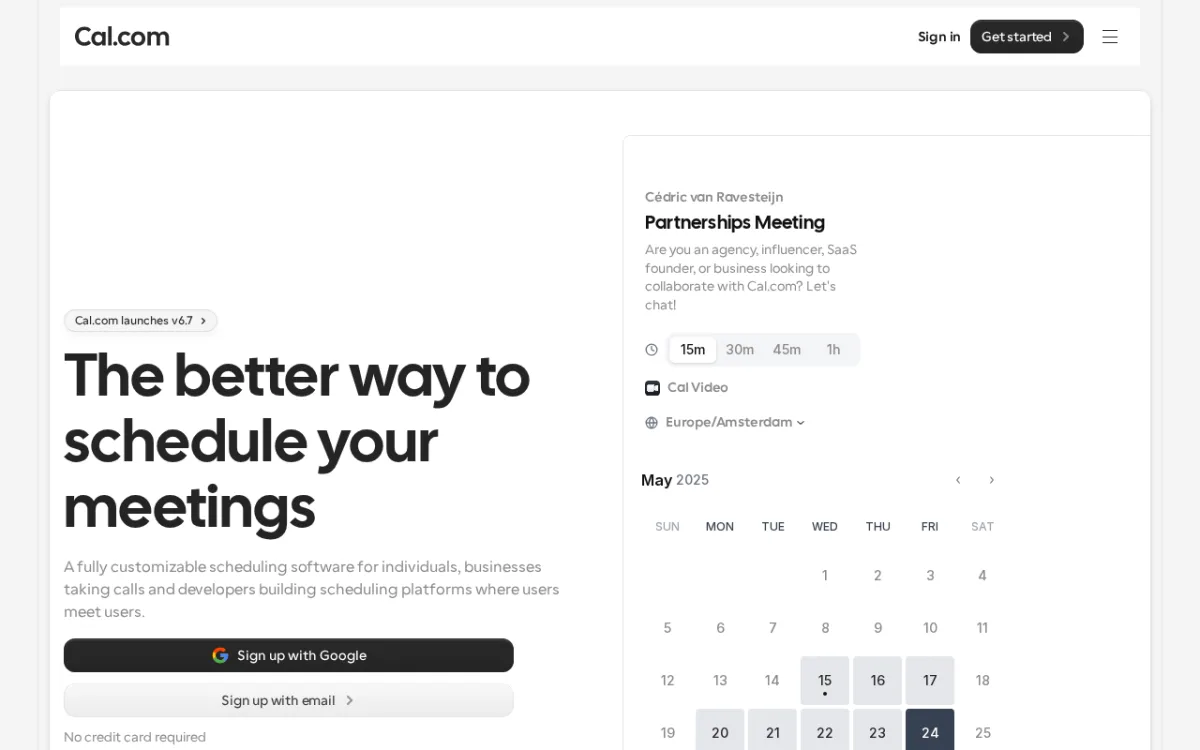 Cal.com open source scheduling platform homepage with booking calendar