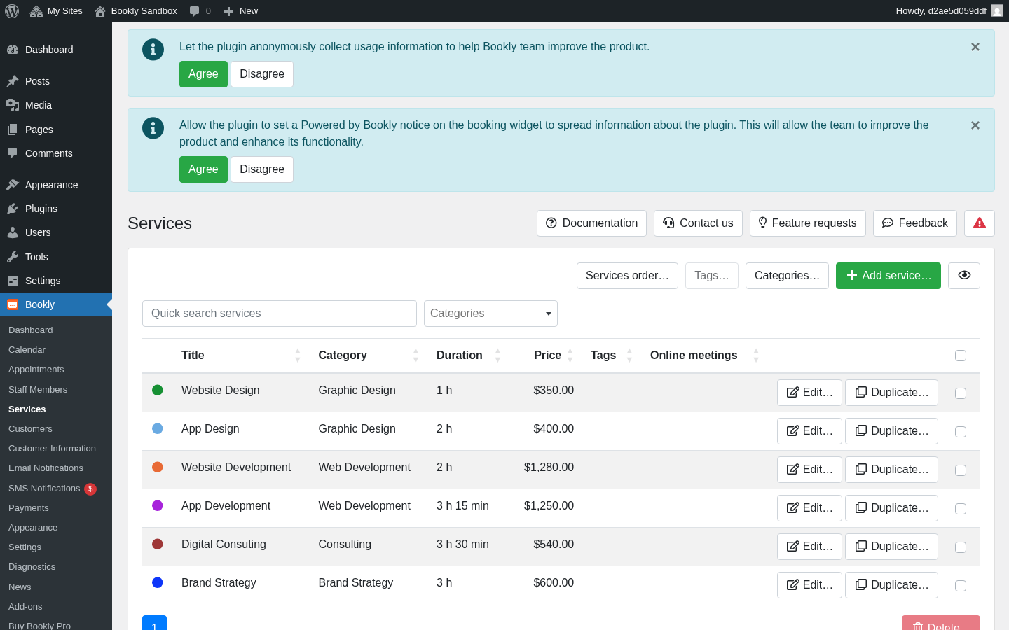 Bookly Pro Services list with categories, duration, price