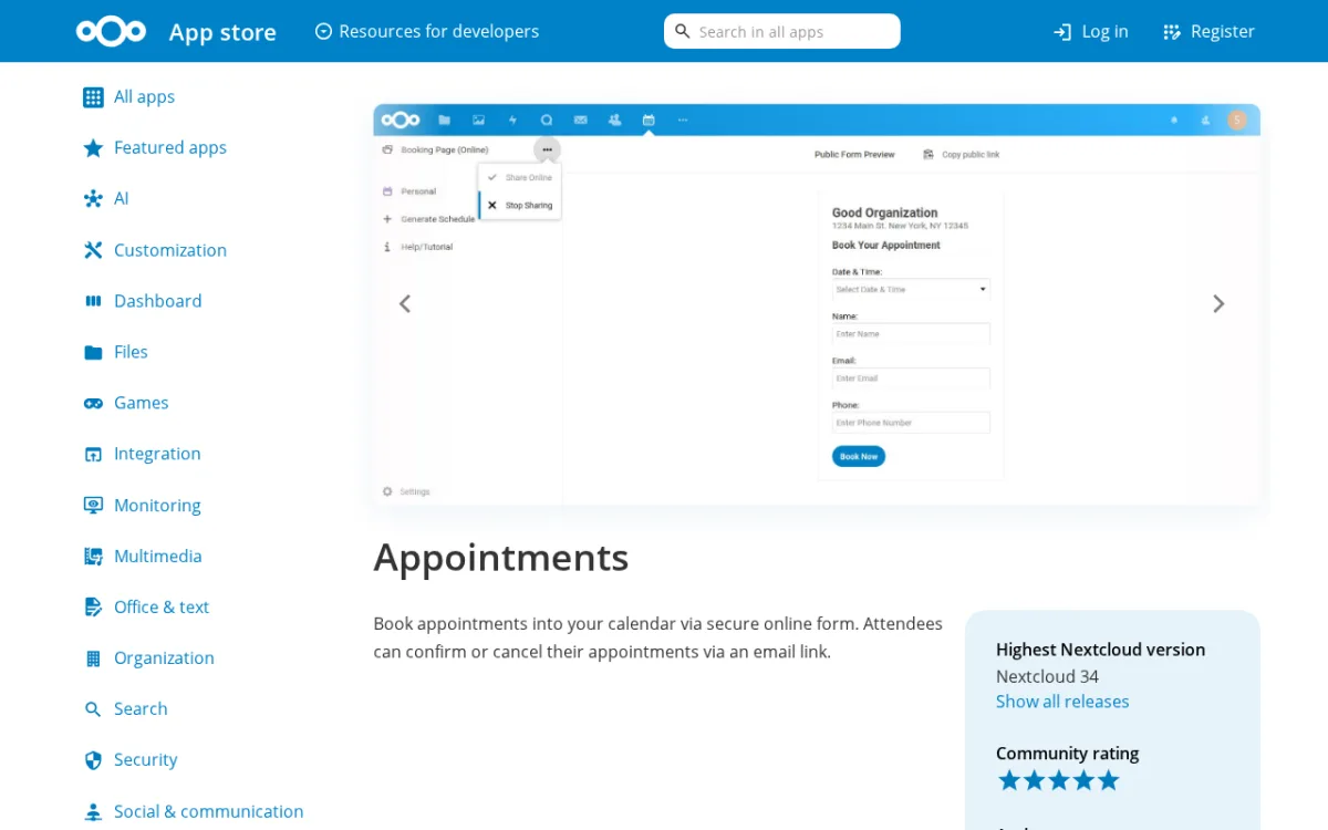 Nextcloud Appointments booking form with name, email, and phone fields shown in the Nextcloud App Store
