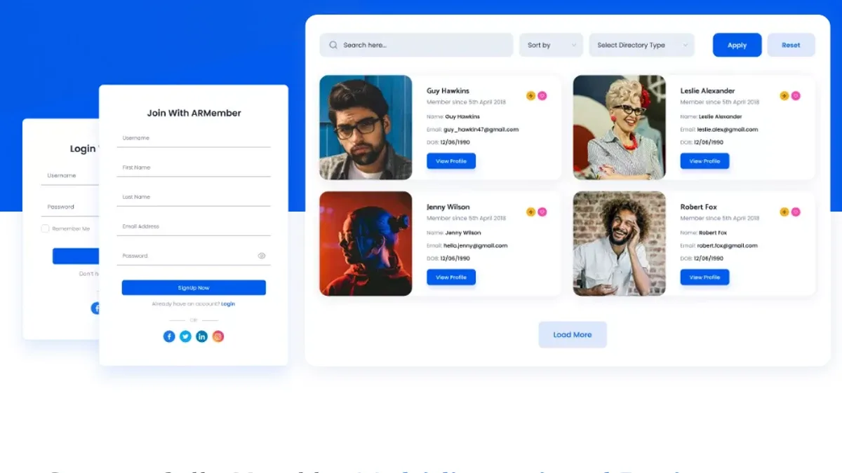 ARMember front-end demo showing join and login forms beside a member directory