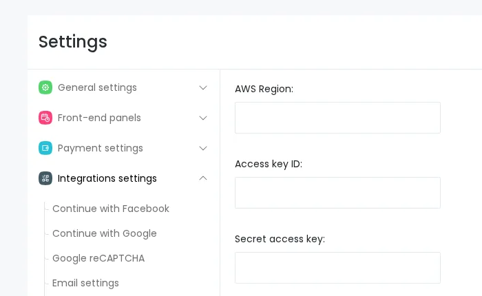 Booknetic regular Amazon SNS settings page showing region, access key, secret key, and sender ID fields empty.