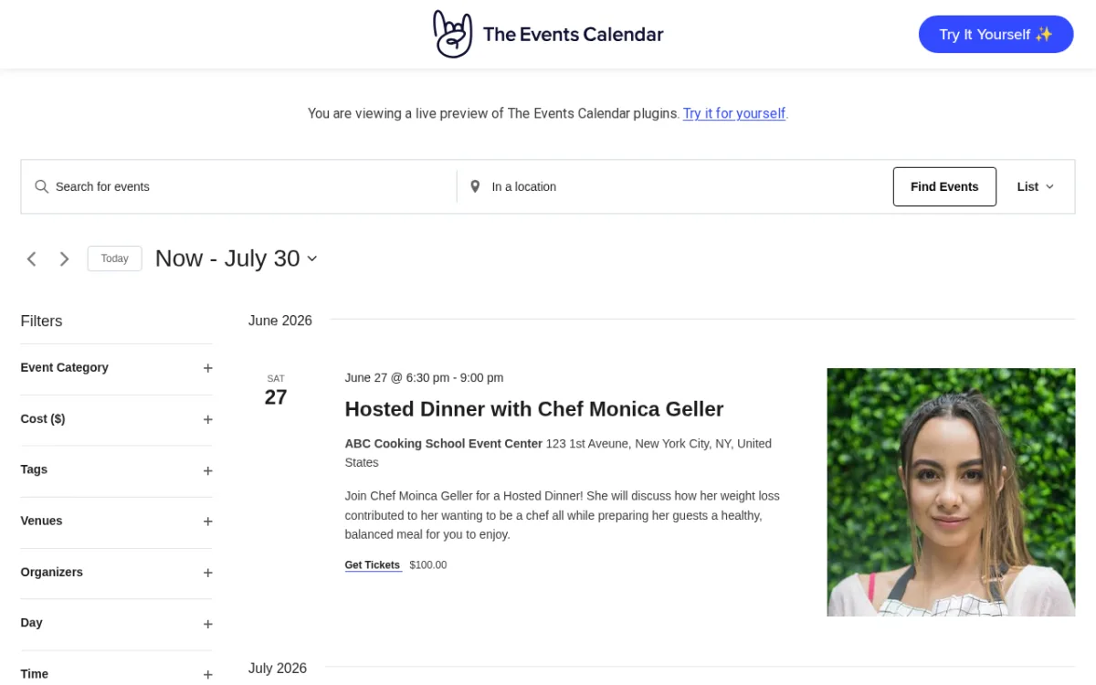 The Events Calendar live demo showing a list view with event filters and upcoming events