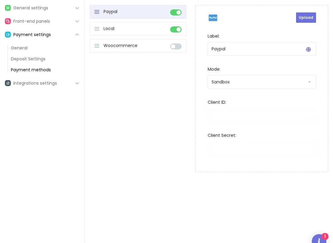 Booknetic payment methods settings showing PayPal enabled in Sandbox mode with credential fields redacted.