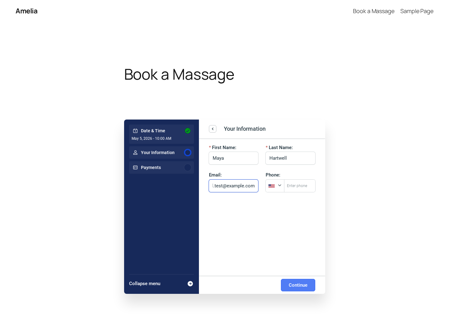 Amelia front-end Your Information step — First Name, Last Name, Email