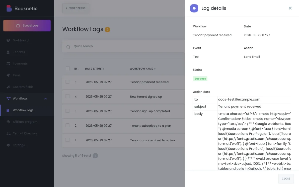 Log details panel showing Workflow, Date, Event, Action, Status (Success), and an Action data table with to/subject/body fields
