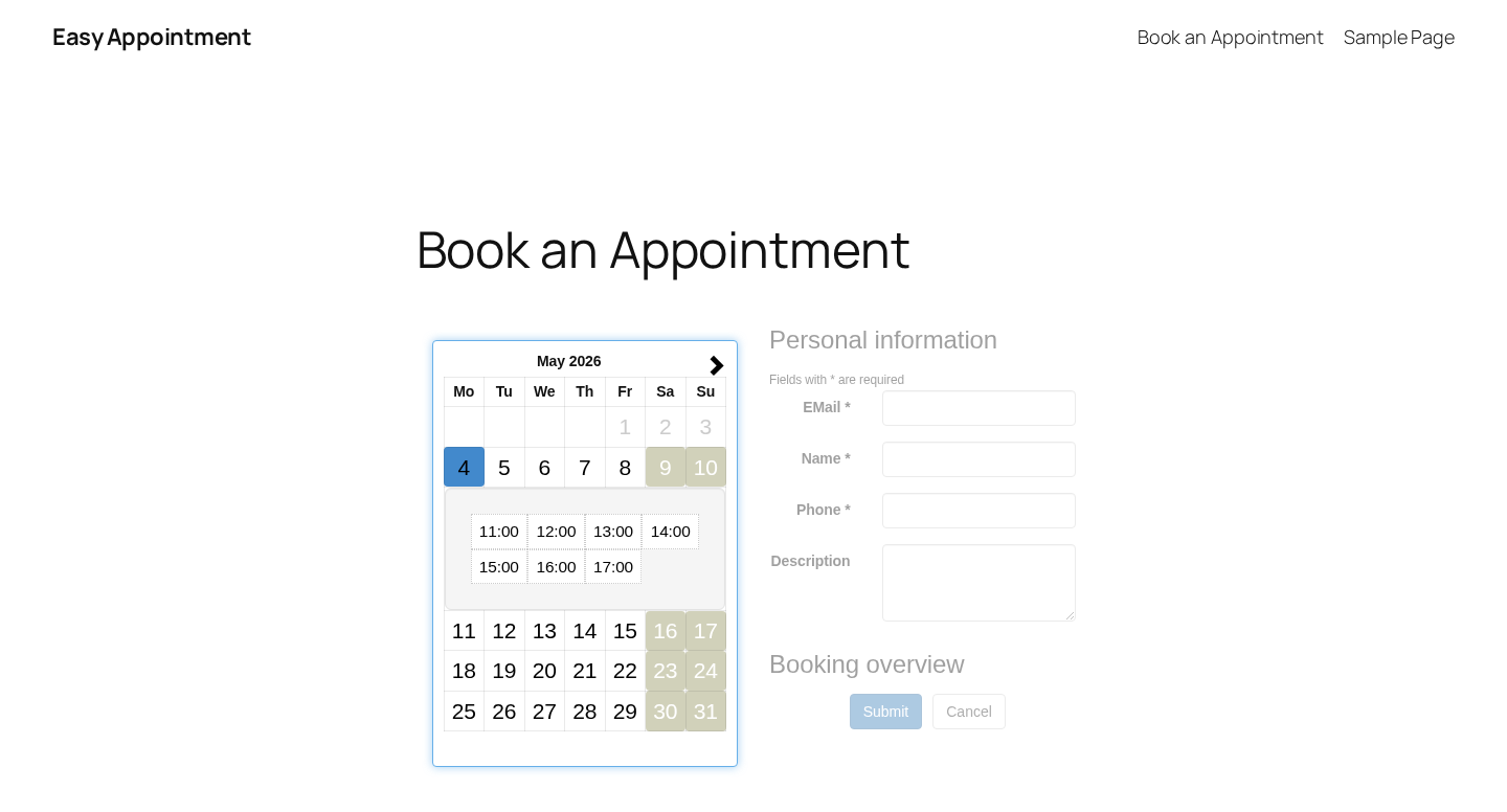 Easy Appointments front-end booking widget with the May 2026 calendar on the left and the Personal information panel on the right