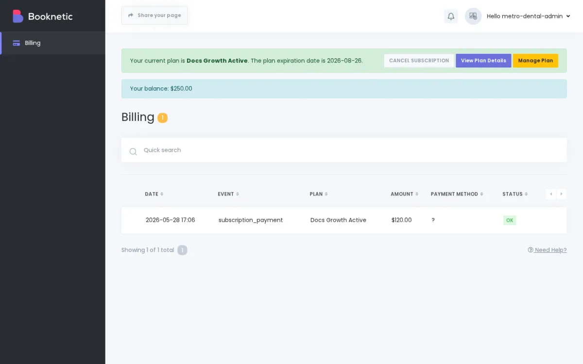 Tenant admin Billing tab with the Cancel subscription button at the top of the current-plan summary, next to View Plan Details and Manage Plan