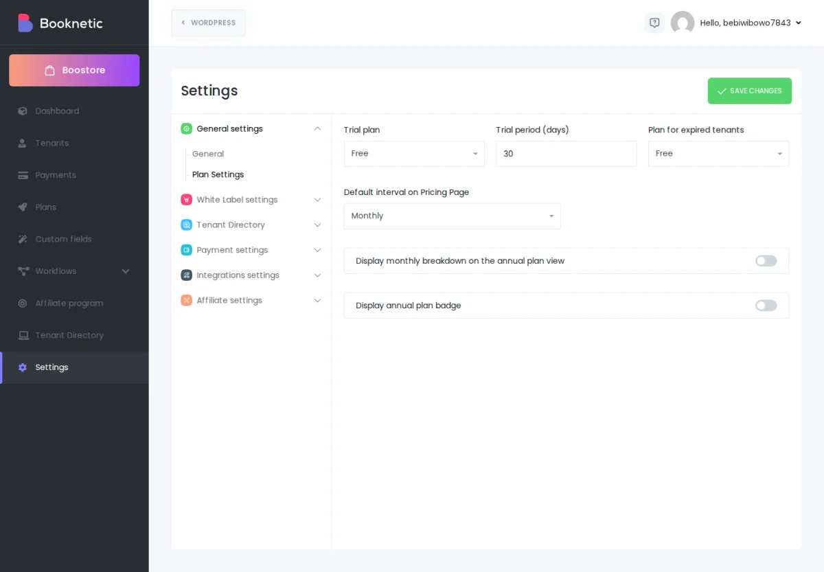 SaaS Settings → General → Plan Settings with the Trial plan, Trial duration, and Expired plan dropdowns