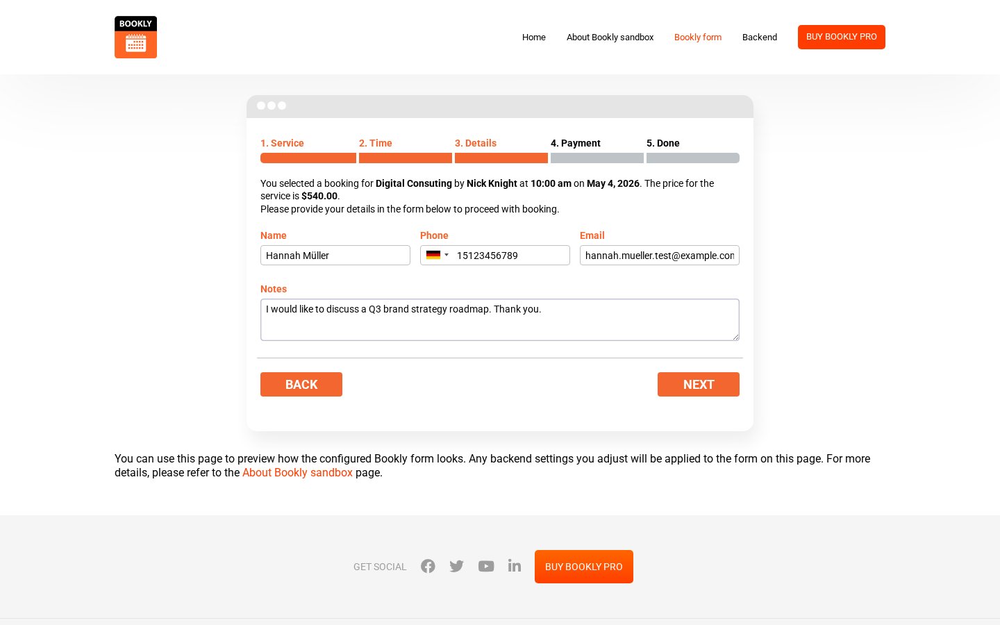 Bookly Pro Details step — Name / Phone / Email / Notes