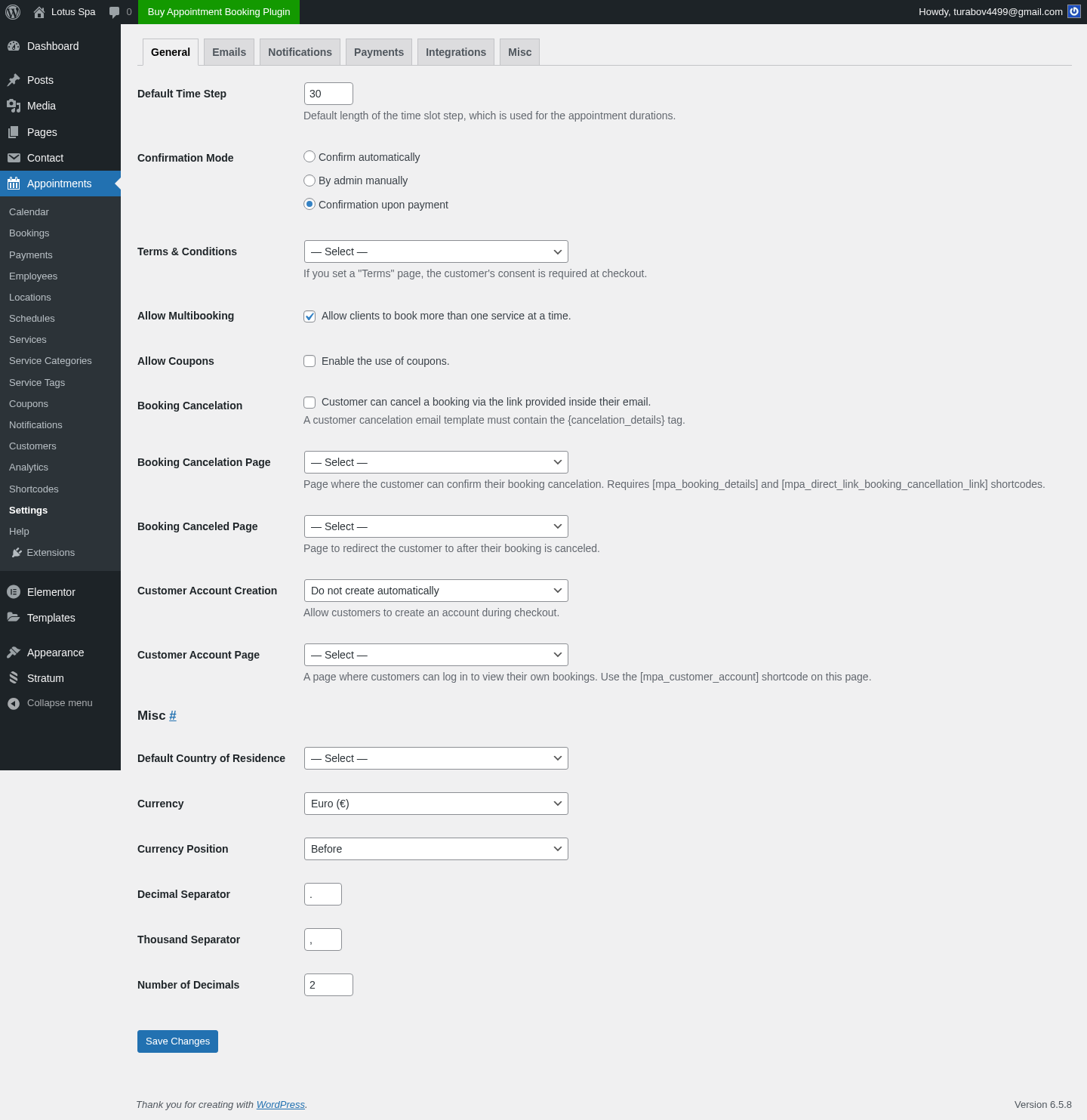 MotoPress admin Settings → General — currency, time zone, formats, booking confirmation mode, completion time