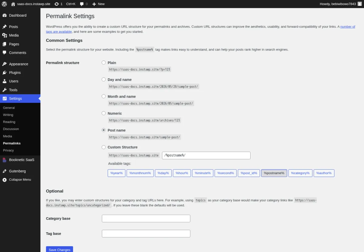 WordPress Permalink Settings screen with Post name selected instead of Plain