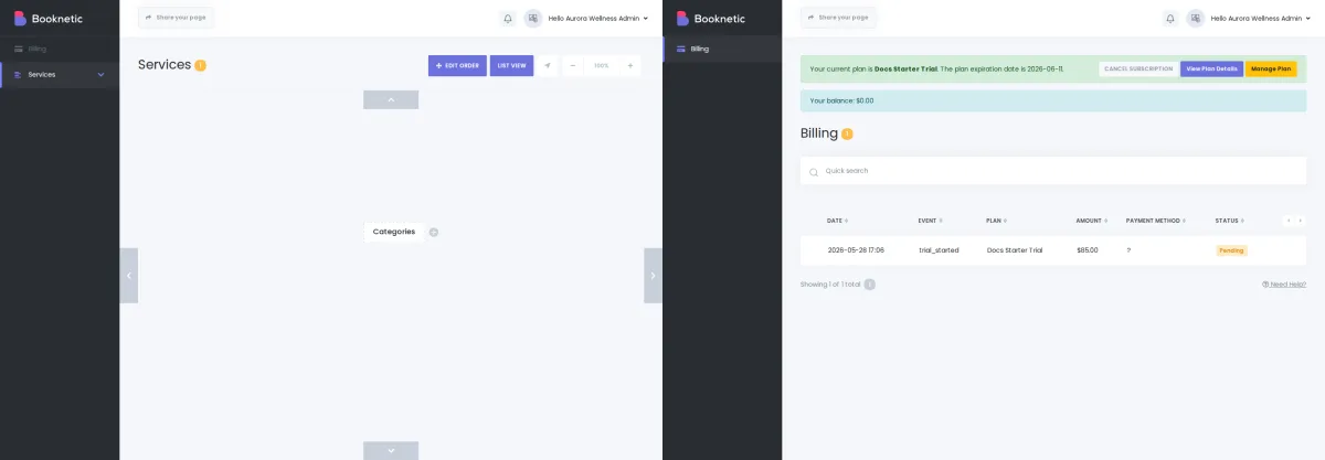 Tenant left menu with the same module ON vs OFF in the tenant's plan