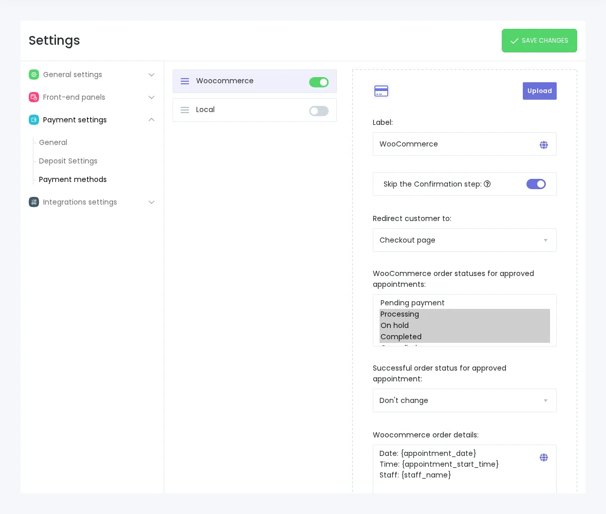 Booknetic-Zahlungseinstellungen mit aktivierter WooCommerce-Zahlung, deaktivierter lokaler Zahlung und Weiterleitung zur Checkout-Seite.