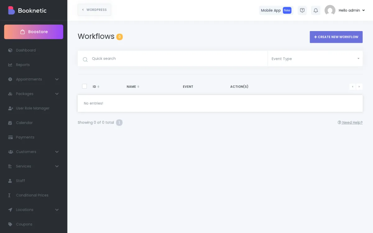 Booknetic Workflow builder with visual automation triggers for appointment created, rescheduled, and cancelled events