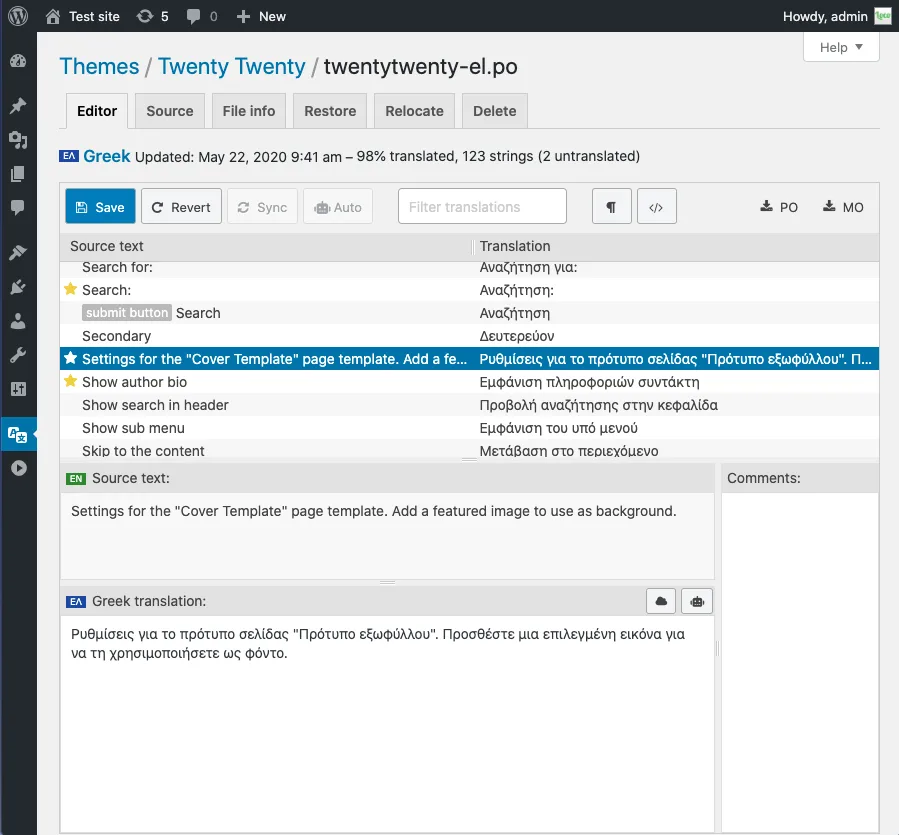 Loco Translate PO editor showing string translation interface inside WordPress admin