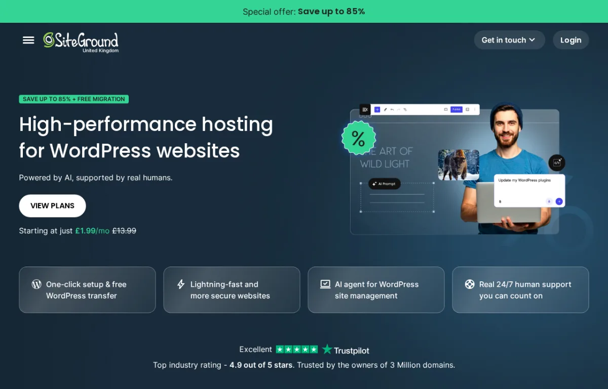 Página de hosting WordPress de SiteGround