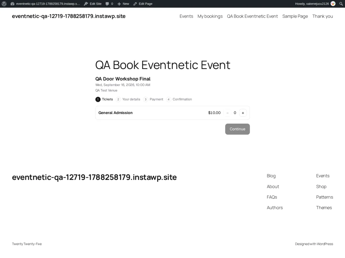 Eventnetic WordPress event ticketing plugin front-end ticket selection