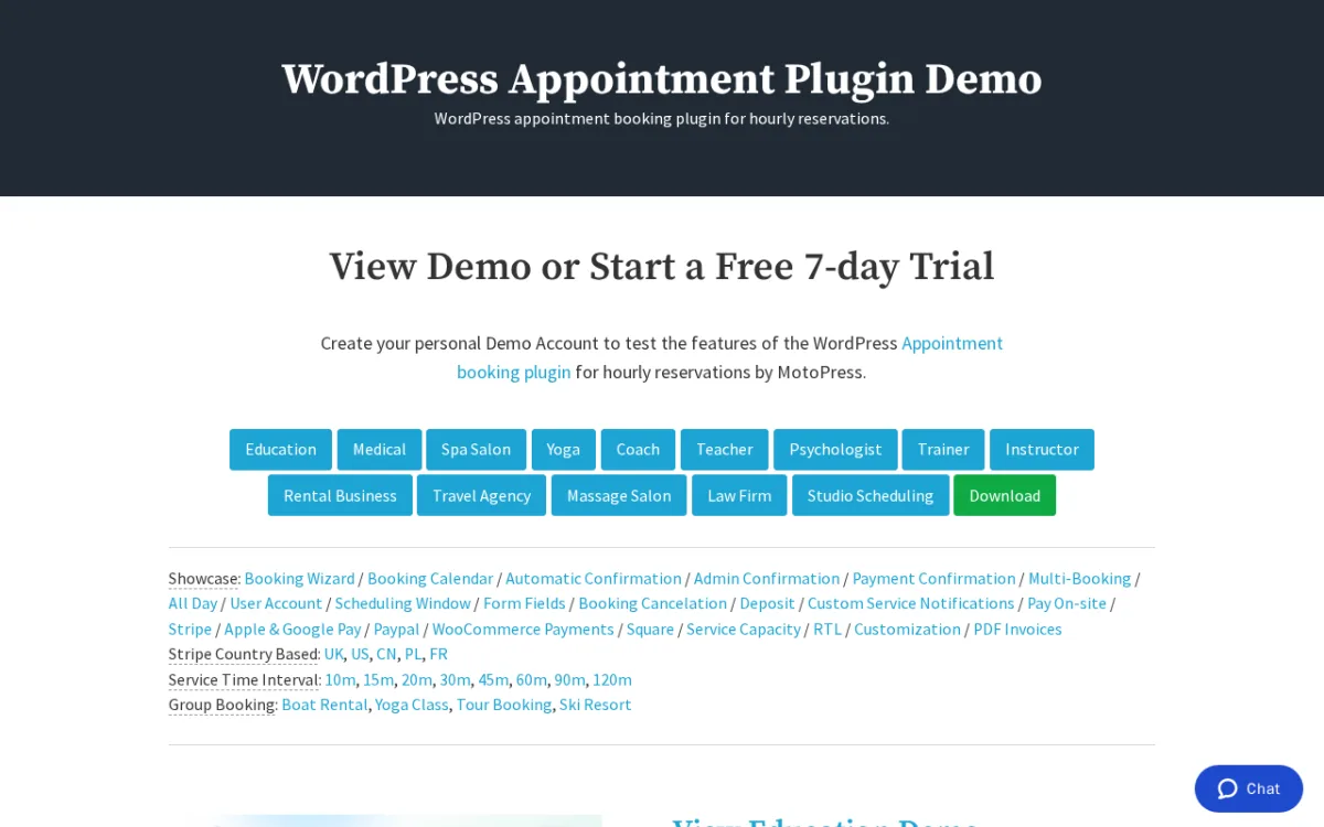 MotoPress Appointment Booking WordPress plugin demo showing business type selection