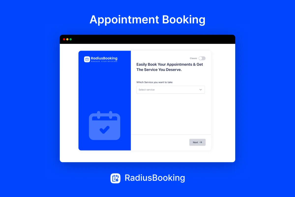 Radius Booking front-end appointment booking widget on a WordPress page